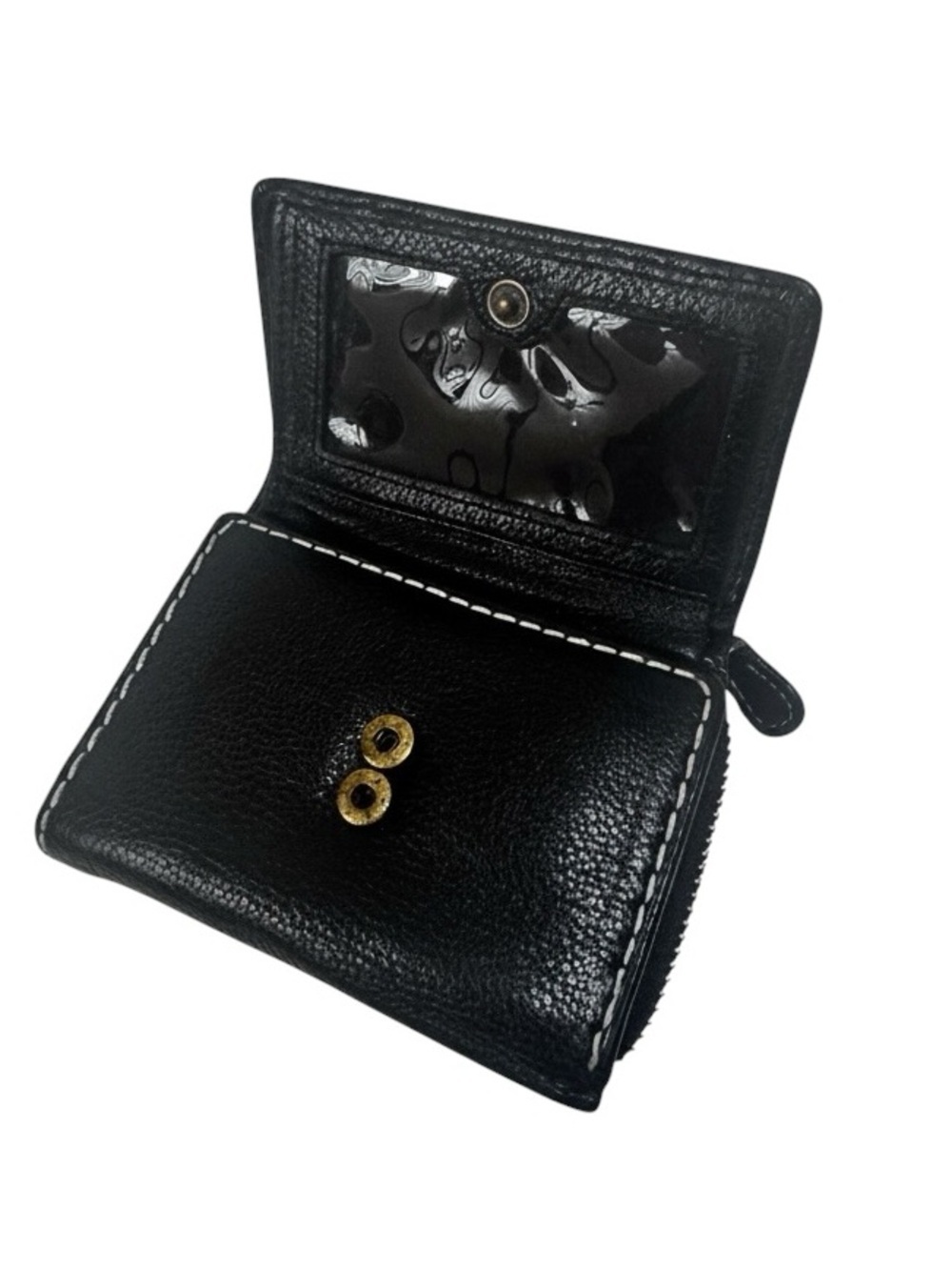 Roots Black Leather Trifold Wallet White Stitch Zip Coin Pocket Organizer Case - Picture 6 of 15